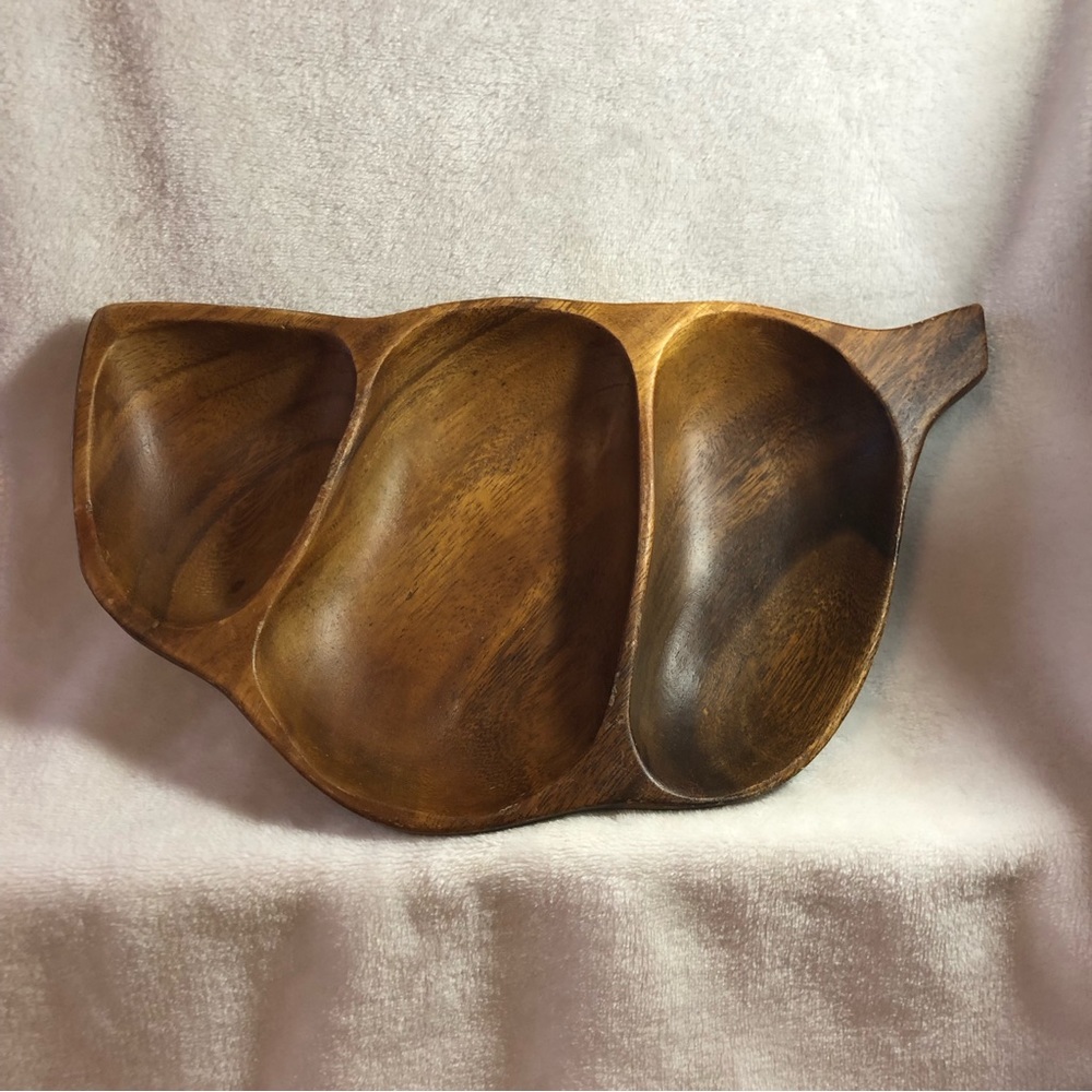 Vintage carved MonkeyPod wooden divided bowl mid century modern style boho